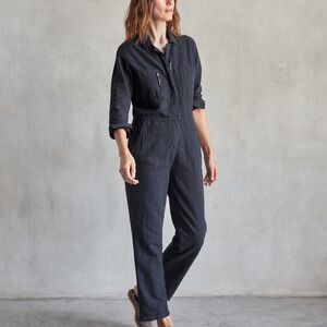 Outerknown Black Jumpsuit with Shirt Collar and Cinched Waist
